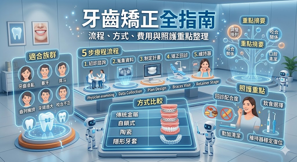 牙齒矯正不只是讓牙齒排列更整齊,也關係到咬合、清潔、咀嚼與長期口腔照護。本文整理牙齒矯正適合對象、常見矯正方式、療程流程、費用判斷、清潔照護與維持器重點,幫助想做牙齒矯正的人在諮詢前先建立正確觀念,了解傳統矯正、隱形牙套與自鎖式矯正的差異,並避開只看價格、忽略牙周健康或沒有配戴維持器等常見錯誤。