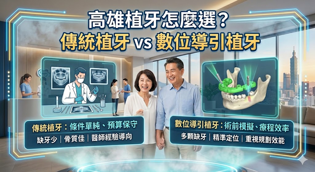 高雄植牙怎麼選才適合?本文整理傳統植牙與數位導引植牙的差異、費用影響因素、適合族群、療程時間與診所挑選重點,幫助缺牙患者從預算、骨質條件、治療效率與長期保養角度做判斷。想了解高雄植牙推薦方式,不應只比較單顆價格,也要重視術前檢查、醫師經驗、植體品牌、假牙材質與術後追蹤,才能找到更符合自身口腔狀況的植牙規劃。